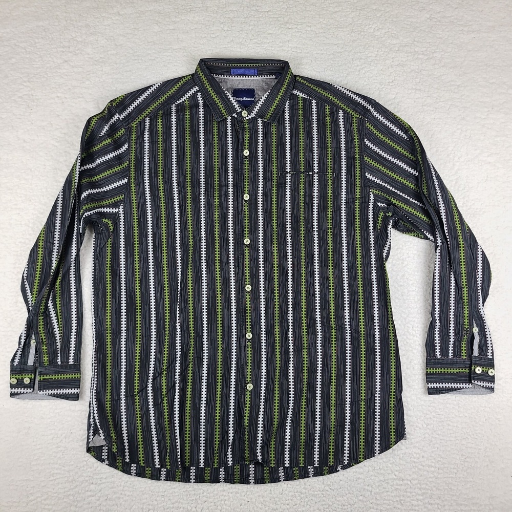Tommy Bahama Shirt Mens XL Black Green Striped Geometric Dress‎ Button Up